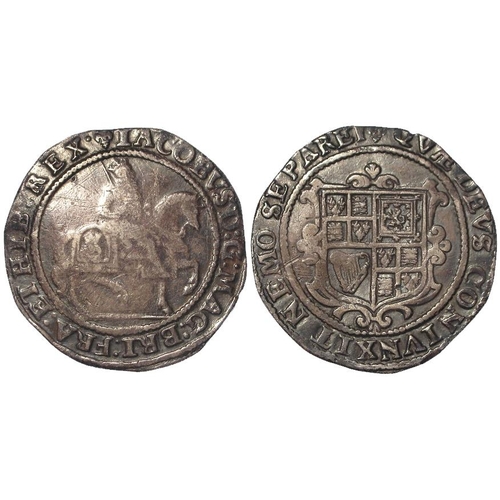 371 - James I silver halfcrown, Third Coinage (bird-headed harp), mm. Lis (105) 1623-4, S.2653, 14.38g. To... 