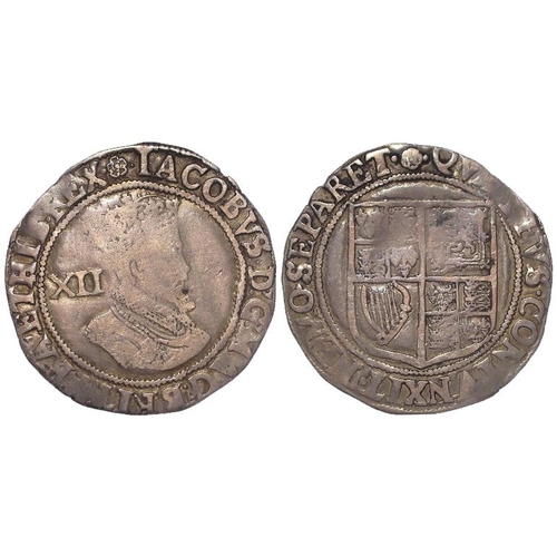 372 - James I silver shilling, Second Coinage 1604-19, fourth bust, mm. Rose (33), S.2655, 5.75g, GF