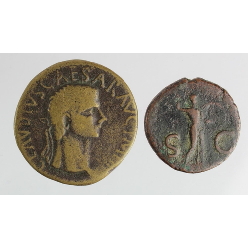 384 - Roman Imperial bronze (2) of Claudius: Sestertius, Spes l. barbarous copy (Balkans) Fine, along with... 