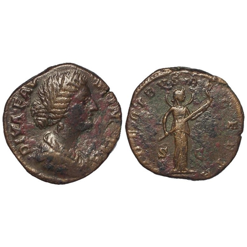 393 - Roman Imperial: Diva Faustina II (wife of Marcus Aurelius) bronze sestertius. Rev: Faustina as Diana... 