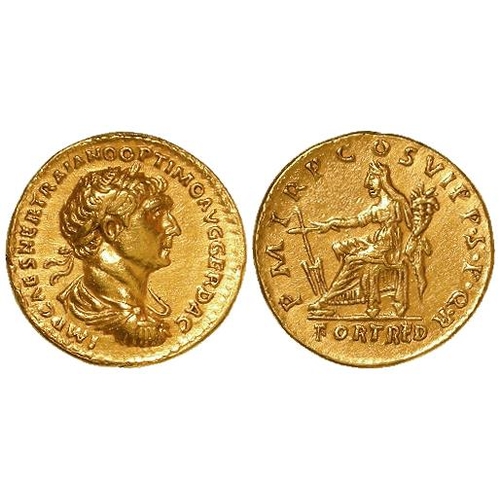 410 - Roman Imperial: Trajan gold aureus, Rome 114-117 AD. Fortuna seated l., holding rudder and cornucopi... 