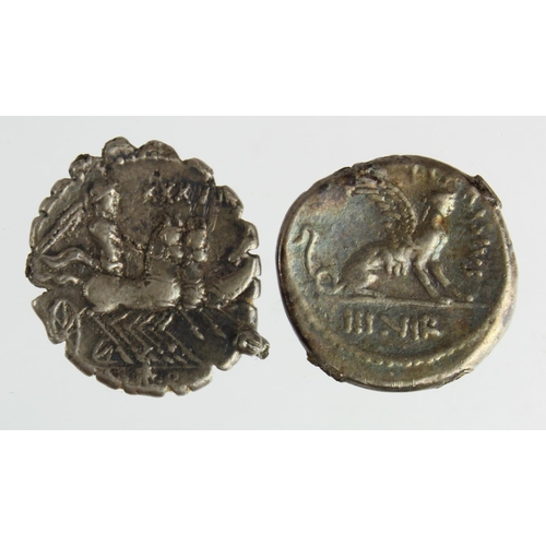 416 - Roman Republican silver denarii (2): C. Naevius Balbus (serratus) c.79 BC, 3.88g, VF; and T. Carisiu... 