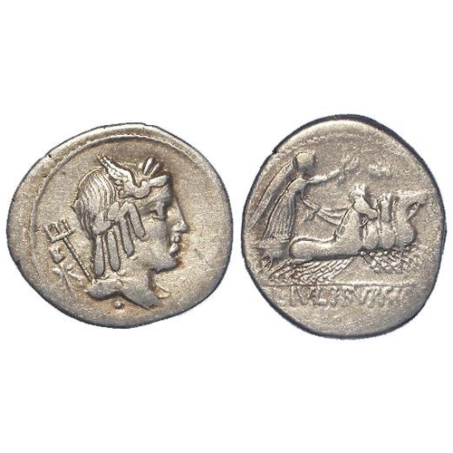 419 - Roman Republican: L. Julius Bursio silver denarius, Rome 85 BC. Male head r., with attributes of Apo... 