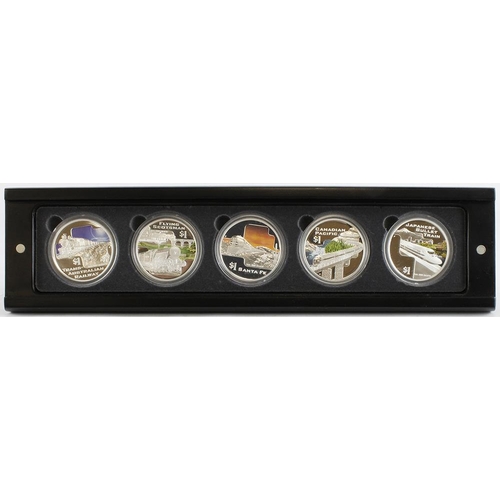 461 - Cook Islands set of 5x colourised crown-size silver proof $1 coins (each 1oz .999 pure): Great Rail ... 