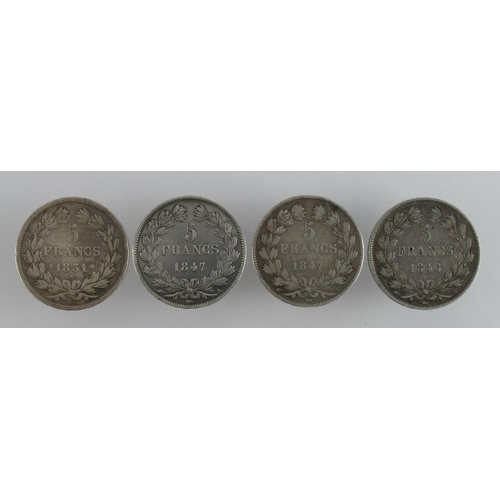 462 - France (4) crown-size silver 5 Francs of Louis Philippe, 1831-1847, F-VF