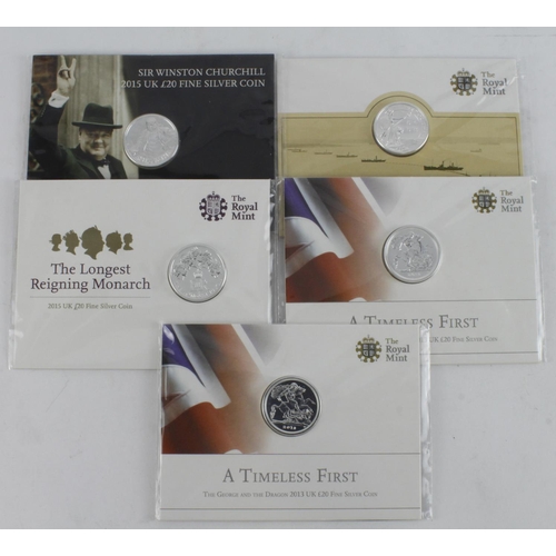 591 - GB Royal Mint Fine Silver £20 Coins (5): 2013 x2, 2014 WWI Outbreak, 2015 Churchill, and 2015 Longes... 