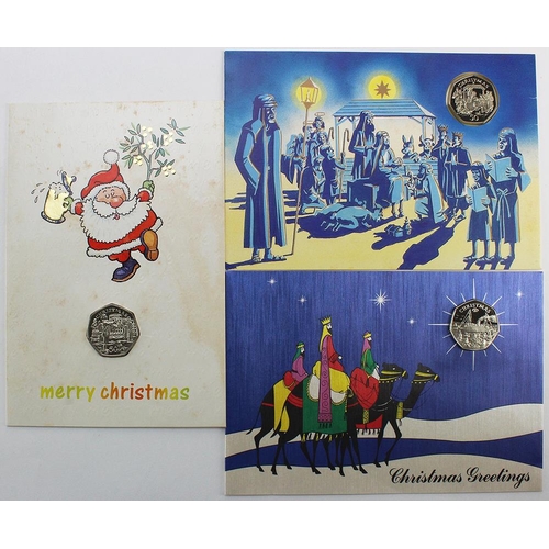 655 - Isle of Man cupro-nickel 'diamond finish' Christmas 50p's (3) in greetings cards (unused) with certs... 