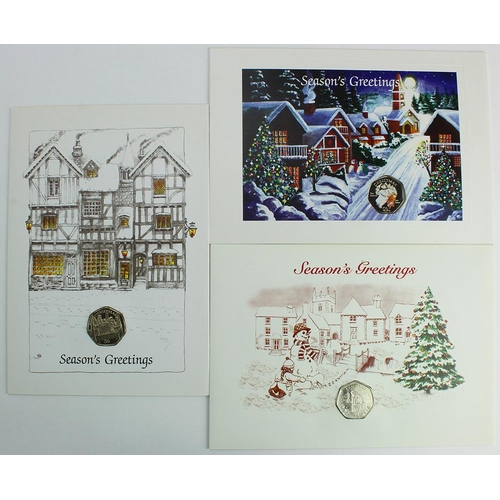 657 - Isle of Man cupro-nickel 'diamond finish' Christmas 50p's (3) in greetings cards (unused) with certs... 