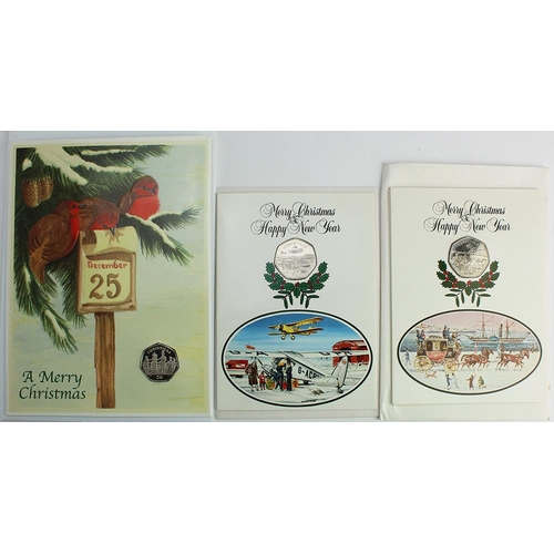 659 - Isle of Man cupro-nickel 'diamond finish' Christmas 50p's (3) in greetings cards (unused) with envel... 