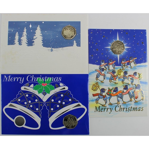 660 - Isle of Man cupro-nickel 'diamond finish' Christmas 50p's (3) in greetings cards (unused) with envel... 