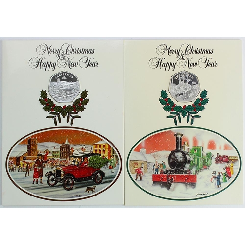 662 - Isle of Man silver proof Christmas 50p's (2) in greetings cards (unused) with certs and envelopes: 1... 