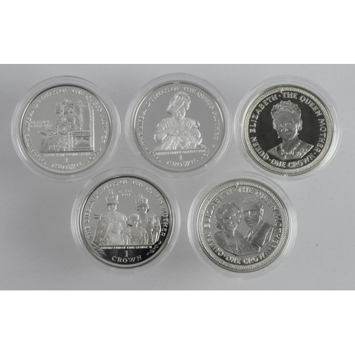 665 - Isle of Man Silver Proof Crowns (5) 1985-2001, FDC in capsules only.