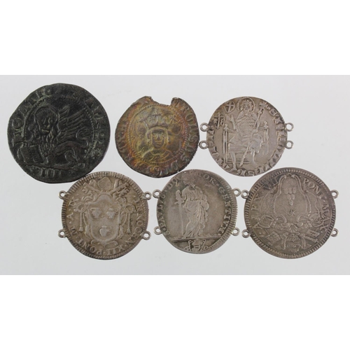 667 - Italian & Papal States (6) early, mostly silver coins, four ex-bracelet with loop mounts, one damage... 