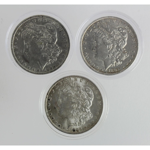 678 - USA Morgan Silver Dollars (3): 1881O EF, 1885O AU, and 1896O nEF