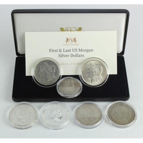 695 - World Silver (7) mostly crown-size, comprised of: 4x USA Morgan Dollars VF-AU including a Harrington... 