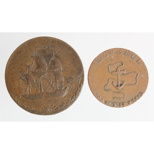 822 - Tokens, 18thC (2): Scotland, Edinburgh, Hutchinson's Halfpenny 1791 and Farthing 1792. D&H #50A and ... 