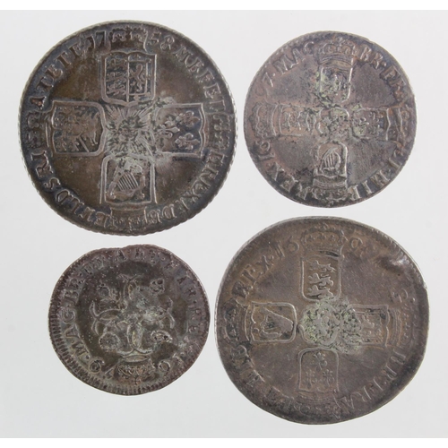 90 - GB Silver (4) early milled: Shillings: 1696 first but S.3497 Fine, 1758 slightly bent nVF; Sixpence ... 