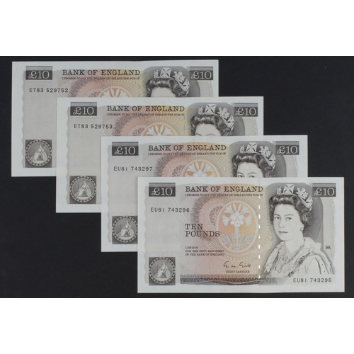 105 - Gill 10 Pounds (B354) issued 1988 (4), 2 consecutively numbered runs, serial EU81 743296 & EU81 7432... 