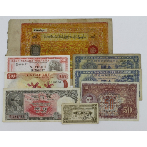 1063 - World, Asia (8) a good group comprising Tibet 100 Srang issued 1942 - 1959 (Pick11), Macau 1 Avo iss... 