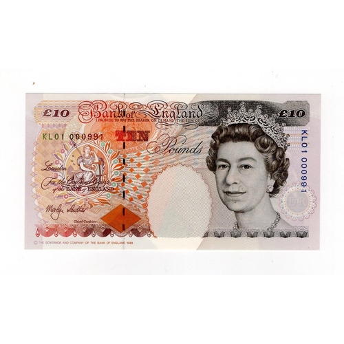 148 - Lowther 10 Pounds (B382) issued 1999, FIRST RUN 'KL01' prefix with LOW SERIAL No. serial KL01 000991... 