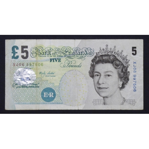 153 - Lowther 5 Pounds (B397) issued 2002, EXPERIMENTAL note, serial XJ06 997506 (B397, Pick391b) Fine and... 