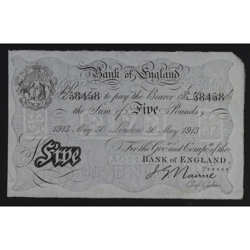 163 - Nairne 5 Pounds dated 30th May 1913, serial 59/A 58458, London issue (B208b, Pick304) VF+, scarce in... 