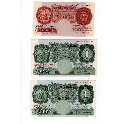 168 - O'Brien (6) Britannia issues 10 Shillings (1) issued 1955 (B271, Pick368c), 1 Pound (5) issued 1955 ... 