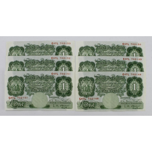 171 - O'Brien 1 Pound (B273) issued 1955 (6), a consecutively numbered run, serial C67L 702148 - C67L 7021... 