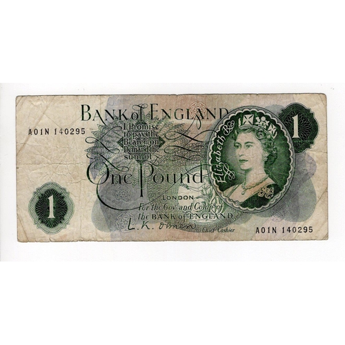 172 - O'Brien 1 Pound (B283) issued 1960, scarce EXPERIMENTAL note FIRST SERIES 'A01N' prefix, serial A01N... 