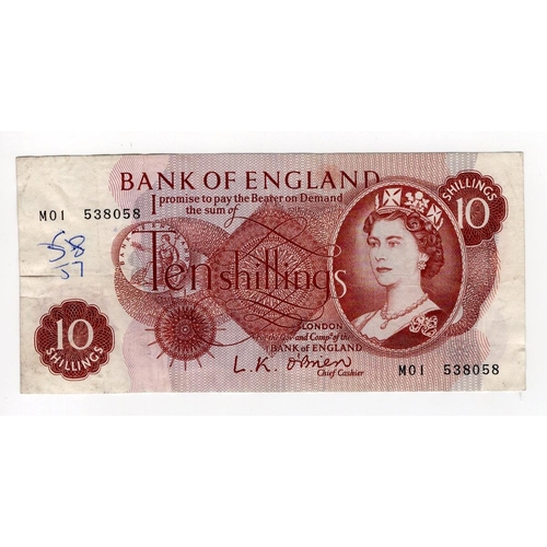 174 - O'Brien 10 Shillings (B287) issued 1961, rare FIRST RUN REPLACEMENT note 'M01' prefix, serial M01 53... 