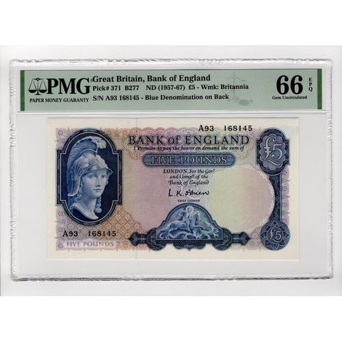 180 - O'Brien 5 Pounds (B277) issued 1957, Lion & Key, FIRST SERIES, serial A93 168145 (B277, Pick371a) in... 