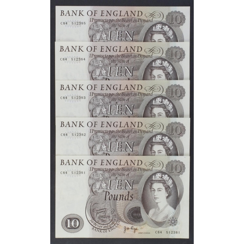 194 - Page 10 Pounds (B326) issued 1971 (5), a run of consecutively numbered notes, serial C84 512381 - C8... 