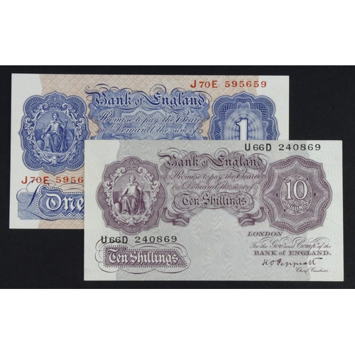 205 - Peppiatt (2) 10 Shillings and 1 Pound issued 1940, 10 Shillings mauve WW2 emergency issue, serial U6... 