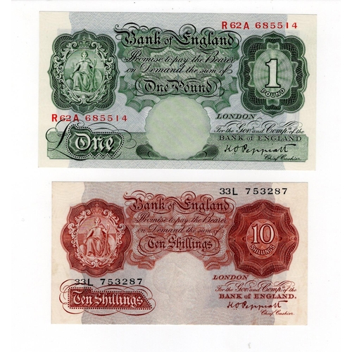 206 - Peppiatt (2), 10 Shillings issued 1948, serial 33L 753287 and 1 Pound issued 1948, serial R62A 68551... 