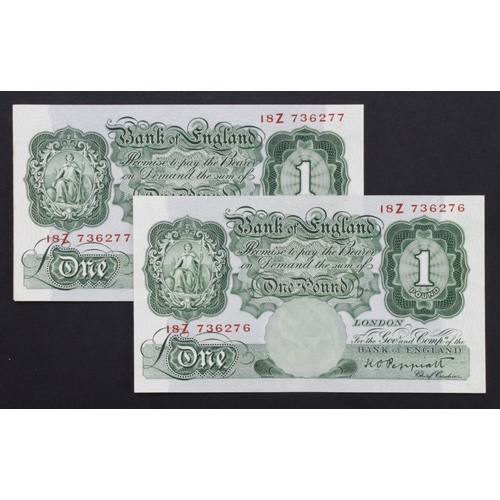 210 - Peppiatt 1 Pound (B238) issued 1934 (2), a rare consecutively numbered LAST SERIES pair, serial 18Z ... 