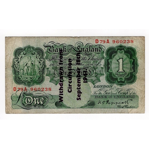 214 - Peppiatt 1 Pound (B239A) issued 1941, Guernsey Overprint 'Withdrawn from circulation September 18th ... 