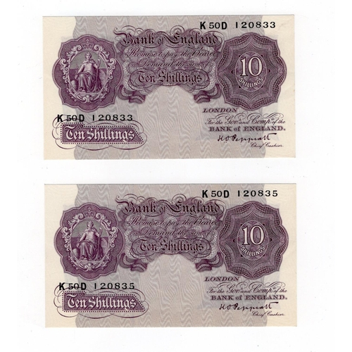 224 - Peppiatt 10 Shillings (B251) issued 1940 (2), mauve WW2 emergency issue, serial K50D 120833 & K50D 1... 