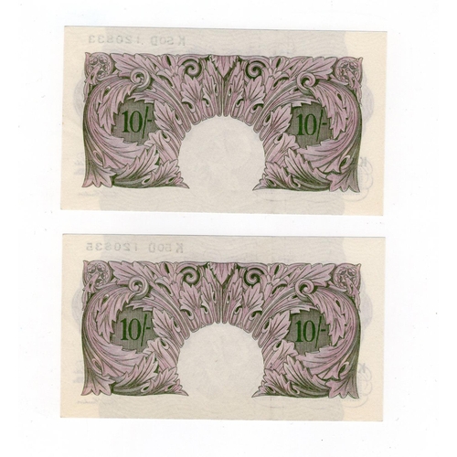 224 - Peppiatt 10 Shillings (B251) issued 1940 (2), mauve WW2 emergency issue, serial K50D 120833 & K50D 1... 