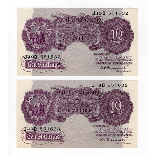 225 - Peppiatt 10 Shillings (B251) issued 1940 (2), mauve WW2 emergency issue, very rare consecutively num... 