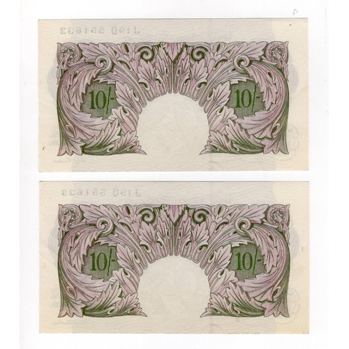 225 - Peppiatt 10 Shillings (B251) issued 1940 (2), mauve WW2 emergency issue, very rare consecutively num... 