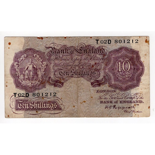 228 - Peppiatt 10 Shillings (B252) issued 1940, mauve WW2 emergency issue, scarce REPLACEMENT note, serial... 