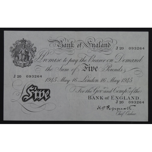 233 - Peppiatt 5 Pounds (B255) dated 16th May 1945, serial J20 093264, London issue on thick paper (B255, ... 