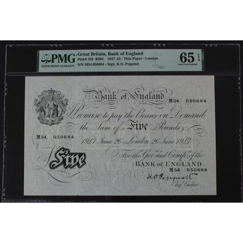 239 - Peppiatt 5 Pounds (B264) dated 26th June 1947, serial M54 050684, London issue on thin paper (B264, ... 