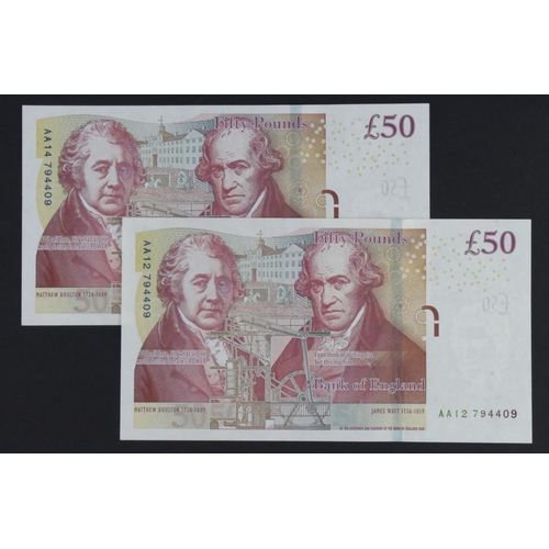 252 - Salmon 50 Pounds (B410) issued 2011 (2), a pair with MATCHING serial numbers and different prefixes,... 