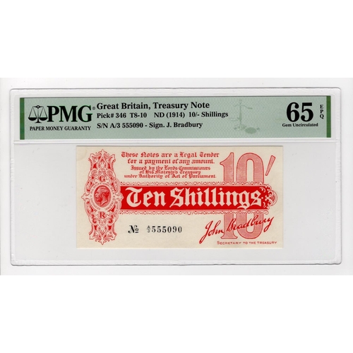 26 - Bradbury 10 Shillings (T9) issued 1914, serial A/3 555090, No. with dash (T9, Pick346) in PMG holder... 