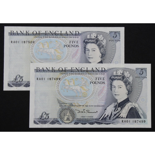 268 - Somerset 5 Pounds (B345) issued 1987 (2), a consecutively numbered pair of FIRST RUN 'RA01' prefix, ... 