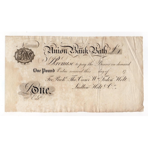 304 - Bath, Union Bank Bath 1 Pound for Richd. Thos. Crowe Wm. Foden Holt, Ludlow Holt & Co., unissued wit... 