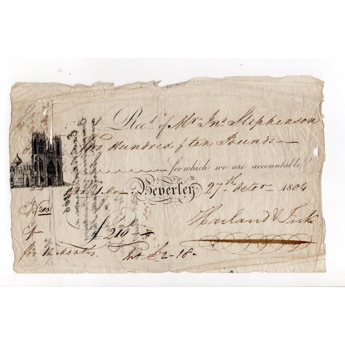 305 - Beverley Old Bank receipt for 210 Pounds dated 1804, for Harland & Tuke (Outing128 for type) holes, ... 