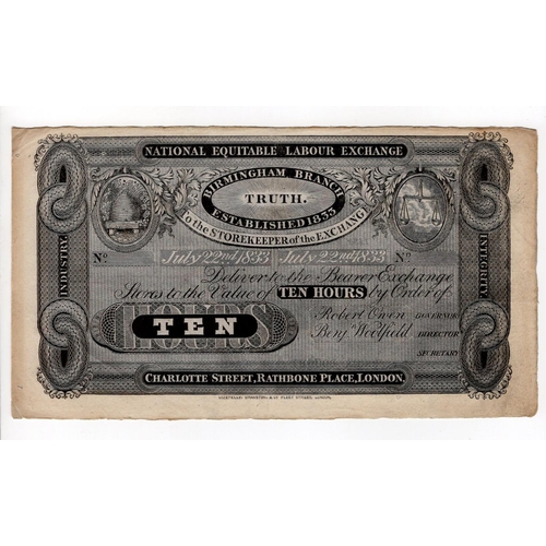 307 - Birmingham, National Equitable Labour Exchange Birmingham Branch unissued Robert Owen note for 10 Ho... 