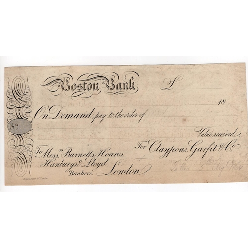 309 - Boston Bank PROOF cheque dated 1864 in pencil at bottom right, for Claypons, Garfit & Co., printers ... 